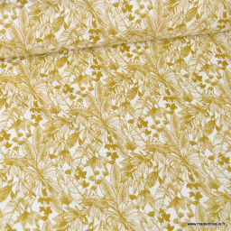 Tissu cretonne coton Herbal motifs feuilles exotique moutarde