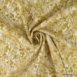 Tissu cretonne coton Herbal motifs feuilles exotique moutarde