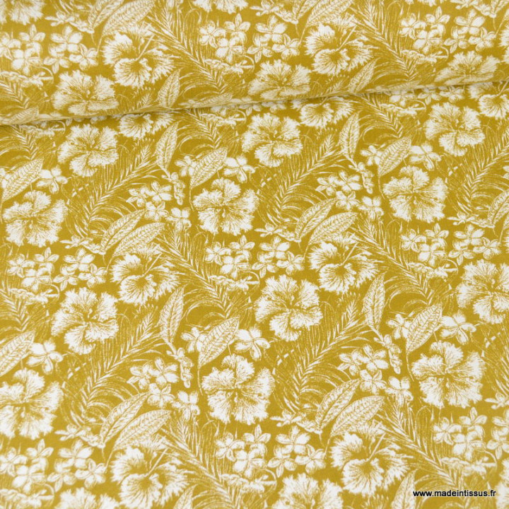 Tissu cretonne coton Hibiscus motifs feuilles exotique moutarde