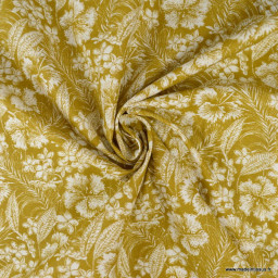Tissu cretonne coton Hibiscus motifs feuilles exotique moutarde