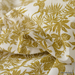 Tissu cretonne coton Ouakari motifs singes et feuilles exotique moutarde