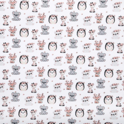 Tissu coton Bambi motif hérissons, koalas et daims fond blanc