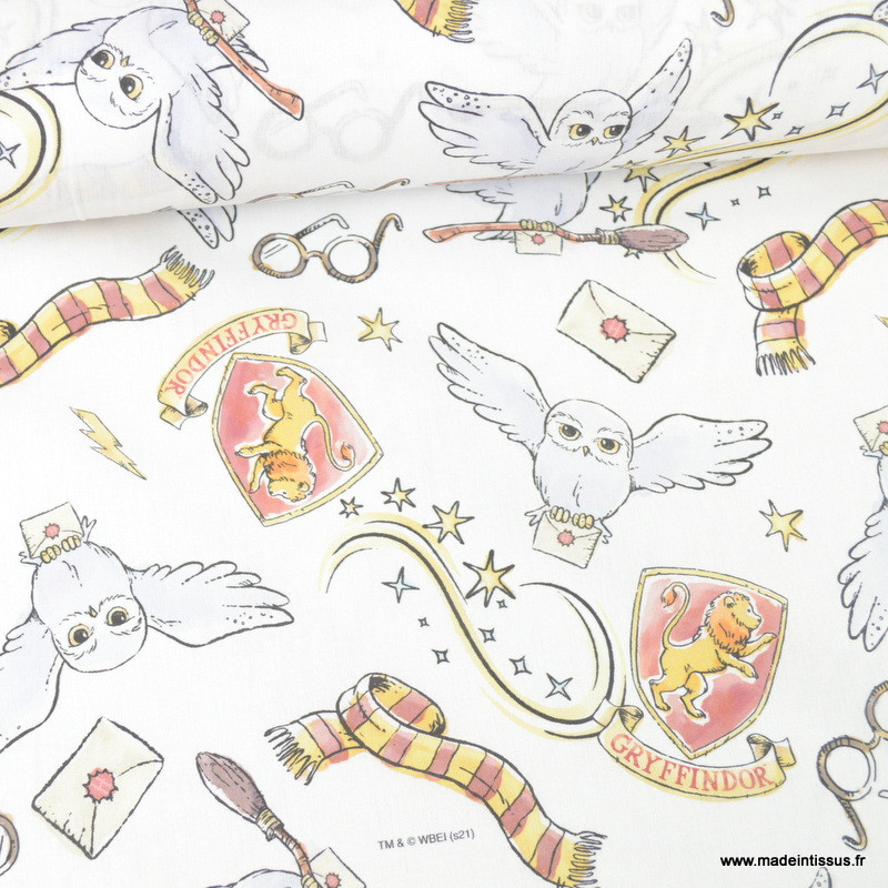 Tissu Harry Potter motifs chouette Hedwig, lunettes, écharpe