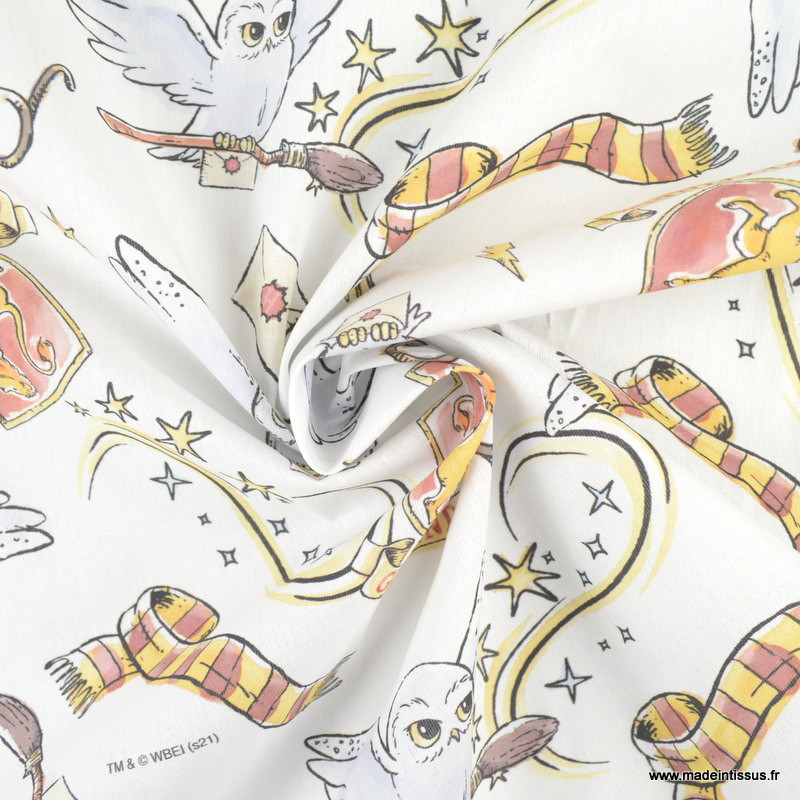 Tissu Harry Potter motifs chouette Hedwig, lunettes, écharpe, maison  Gryffondor fond blanc