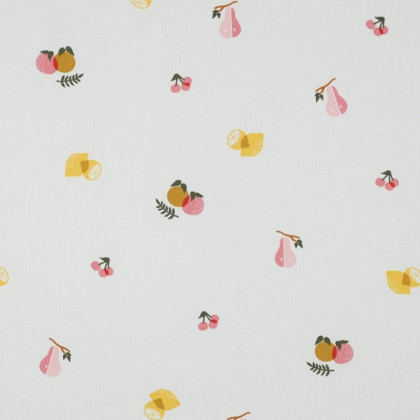 Tissu coton Enduit motifs fruits citrons, poires, pêches, cerises fond blanc