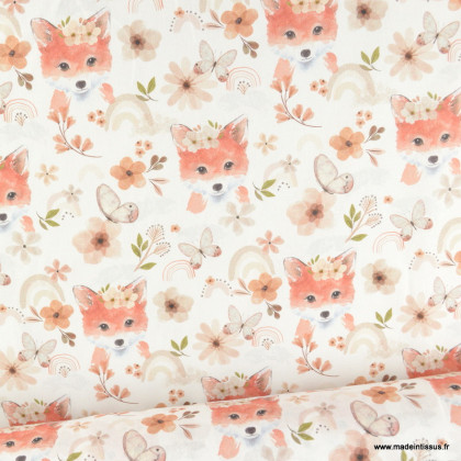 Tissu cretonne coton Isore motifs renards roux et fleurs - oeko tex
