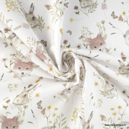 Tissu cretonne coton Isoree motifs renards roux, hérissons, lapins et herbes folles - oeko tex