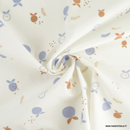 Tissu coton Enduit Jogala motifs fruits fond blanc