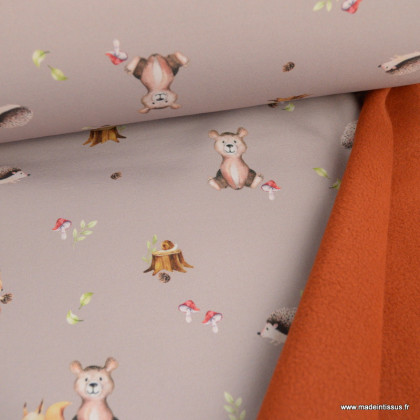 Tissu Softshell motifs animaux de la forêt et ours fond beige
