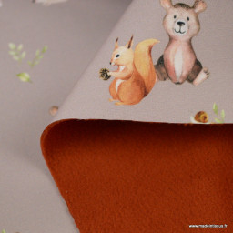 Tissu Softshell motifs animaux de la forêt et ours fond beige