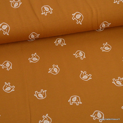 Tissu jersey motif éléphants fond caramel - Oeko tex standard 100