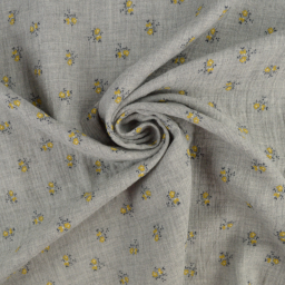 Double gaze de coton Sybille motif fleuri jaune fond gris - oeko tex