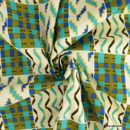 Tissu wax motifs graphique Lurex vert, bleu et écru