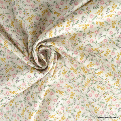 Tissu voile de coton plumetis motifs fleurs jaune et ocre - oeko tex