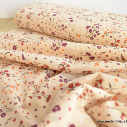 Tissu voile de coton plumetis motifs fleurs fond écru - oeko tex