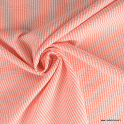 Tissu seersucker à rayures Corail et blanc