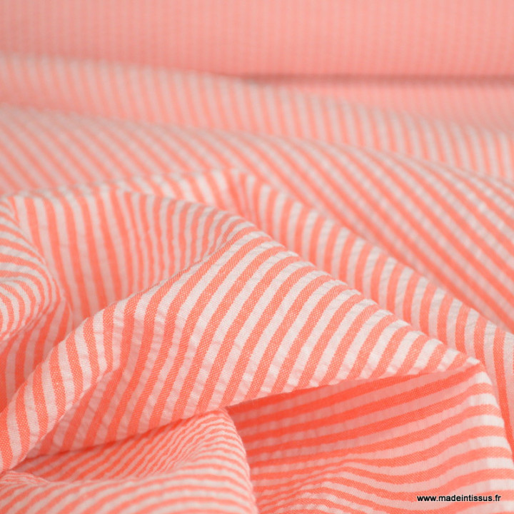 Tissu seersucker à rayures Corail et blanc