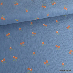 Double gaze motif oranges - clémentines fond bleu marine - oeko tex