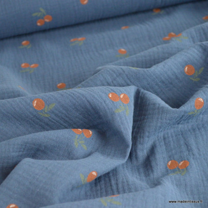 Double gaze motif oranges - clémentines fond bleu marine - oeko tex