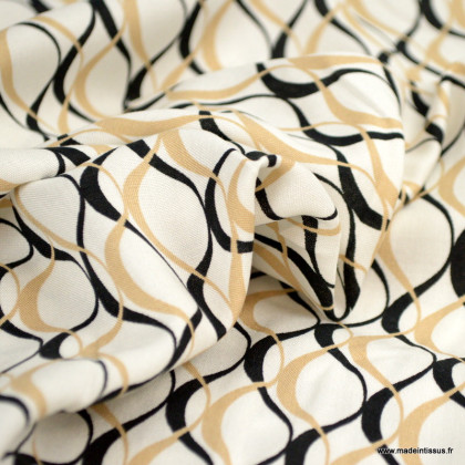 Tissu Viscose graphique vintage blanc, sable et noir
