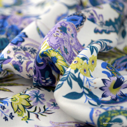 Tissu lin lurex motif fleuri bleu et parme