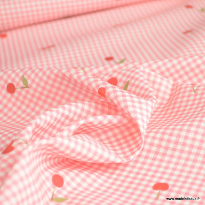 Tissu vichy rose motifs cerises aspect brodées - Poppy