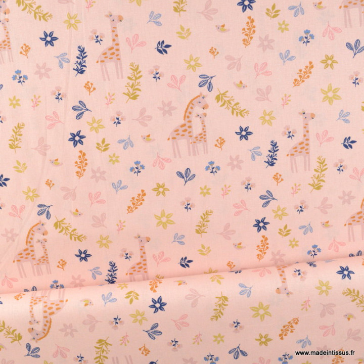 Tissu popeline Bio & oeko tex motifs girafes et fleurs fond rose - Poppy