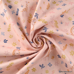 Tissu popeline Bio & oeko tex motifs girafes et fleurs fond rose - Poppy