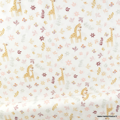 Tissu popeline Bio & oeko tex motifs girafes et fleurs fond blanc - Poppy