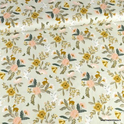 Tissu popeline oeko tex motifs colombe blanche, lapin et fleurs fond vert de gris - Poppy