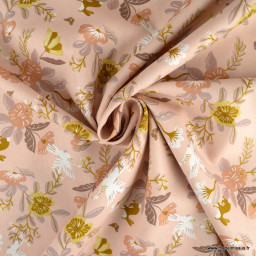 Tissu popeline oeko tex motifs colombe blanche, lapin et fleurs fond rose - Poppy