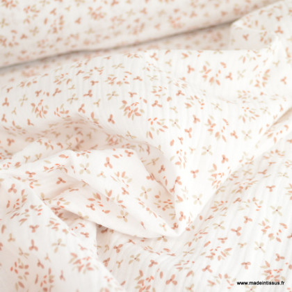Tissu Double gaze Jefine motif fleurs marsala fond blanc - oeko tex