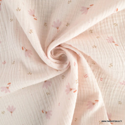 Tissu Double gaze Sevia motif fleurs fond rose morganite - oeko tex