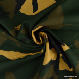 Tissu popeline motif camouflage armée vert kaki et beige