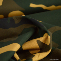 Tissu popeline motif camouflage armée vert kaki et beige