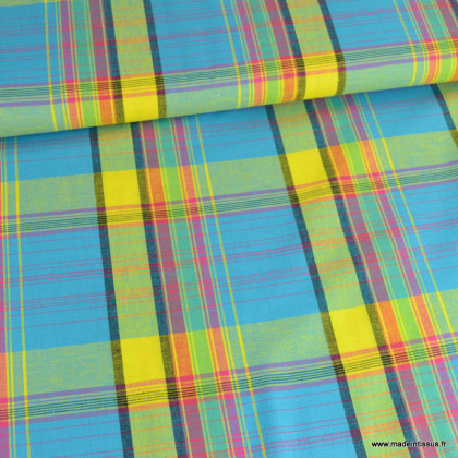 Tissu MADRAS coton Bleu et jaune - au metre