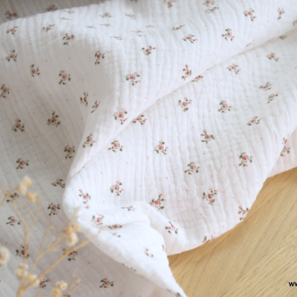 Double gaze de coton Danie motifs fleurs rose fond blanc - oeko tex