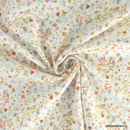 Sergé de coton Camilia motif fleurs, oiseaux et fruits fond blanc