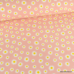 Tissu toile aspect lin motifs marguerites fond rose - oeko tex