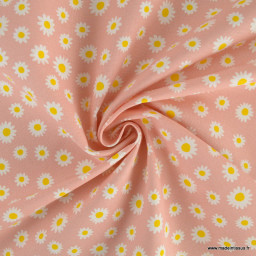 Tissu toile aspect lin motifs marguerites fond rose - oeko tex