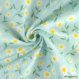 Tissu toile aspect lin motifs marguerites fond vert - oeko tex