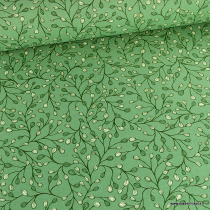 Tissu toile Arty motif branches fond vert - oeko tex