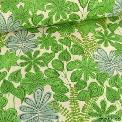 Tissu toile motif feuillage végétal botanique fond lin - oeko tex