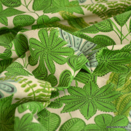 Tissu toile motif feuillage végétal botanique fond lin - oeko tex