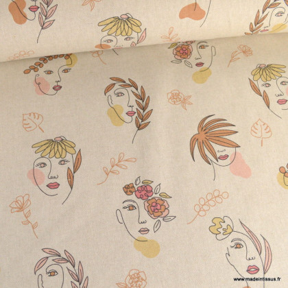 Tissu toile aspect lin motif visages féminins et fleurs - Oeko tex