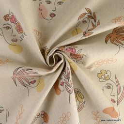 Tissu toile aspect lin motif visages féminins et fleurs - Oeko tex