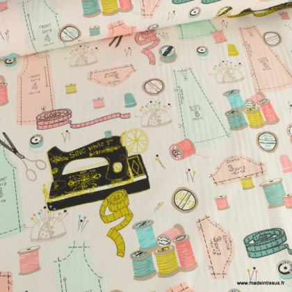 Tissu toile aspect lin sewing motif couture - Oeko tex