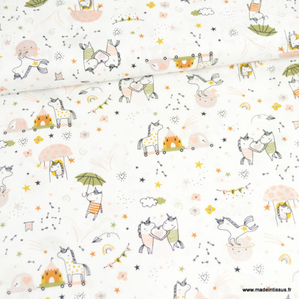 Tissu popeline oeko tex motifs Glitter motif licornes et chateaux - Poppy