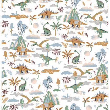 Tissu coton Diplo motif dinosaures et volcans fond blanc - Oeko tex