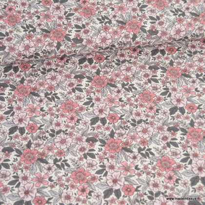Tissu popeline motifs milles fleurs rose et gris - Oeko tex
